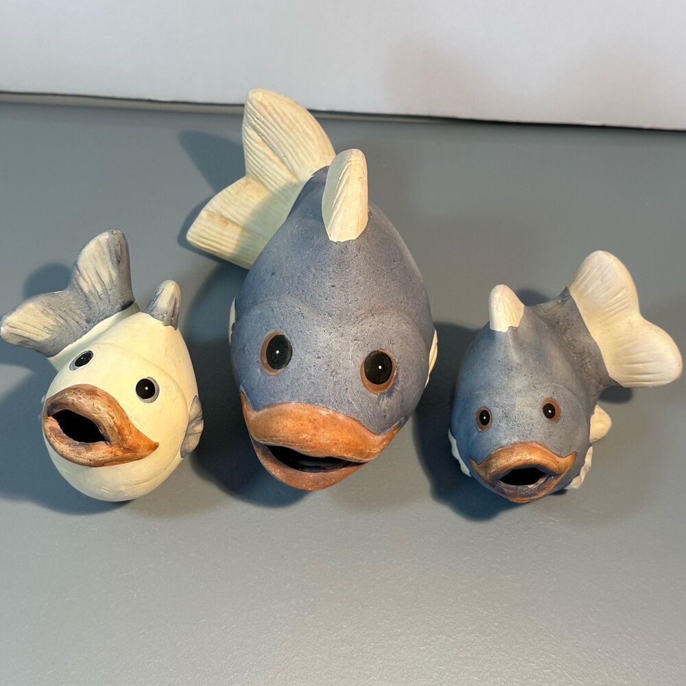 Trio of Pottery Ceramic Fish Hand Painted in Gray-Blue and Cream - Coastal Decor
